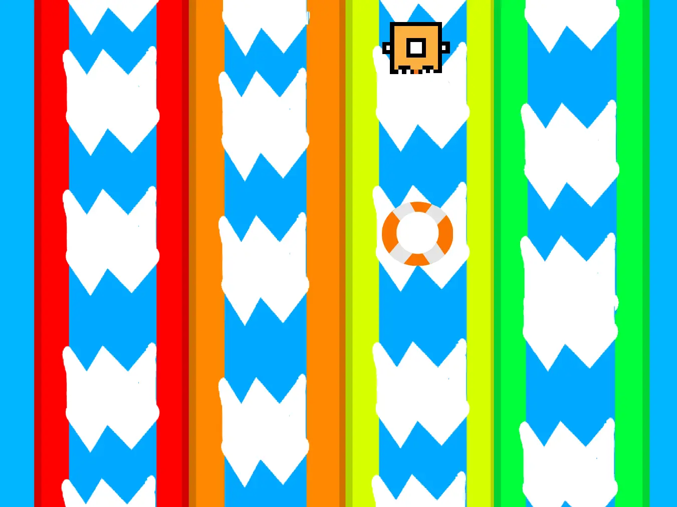 a top down view of a little orange robot on one of four water slide lanes