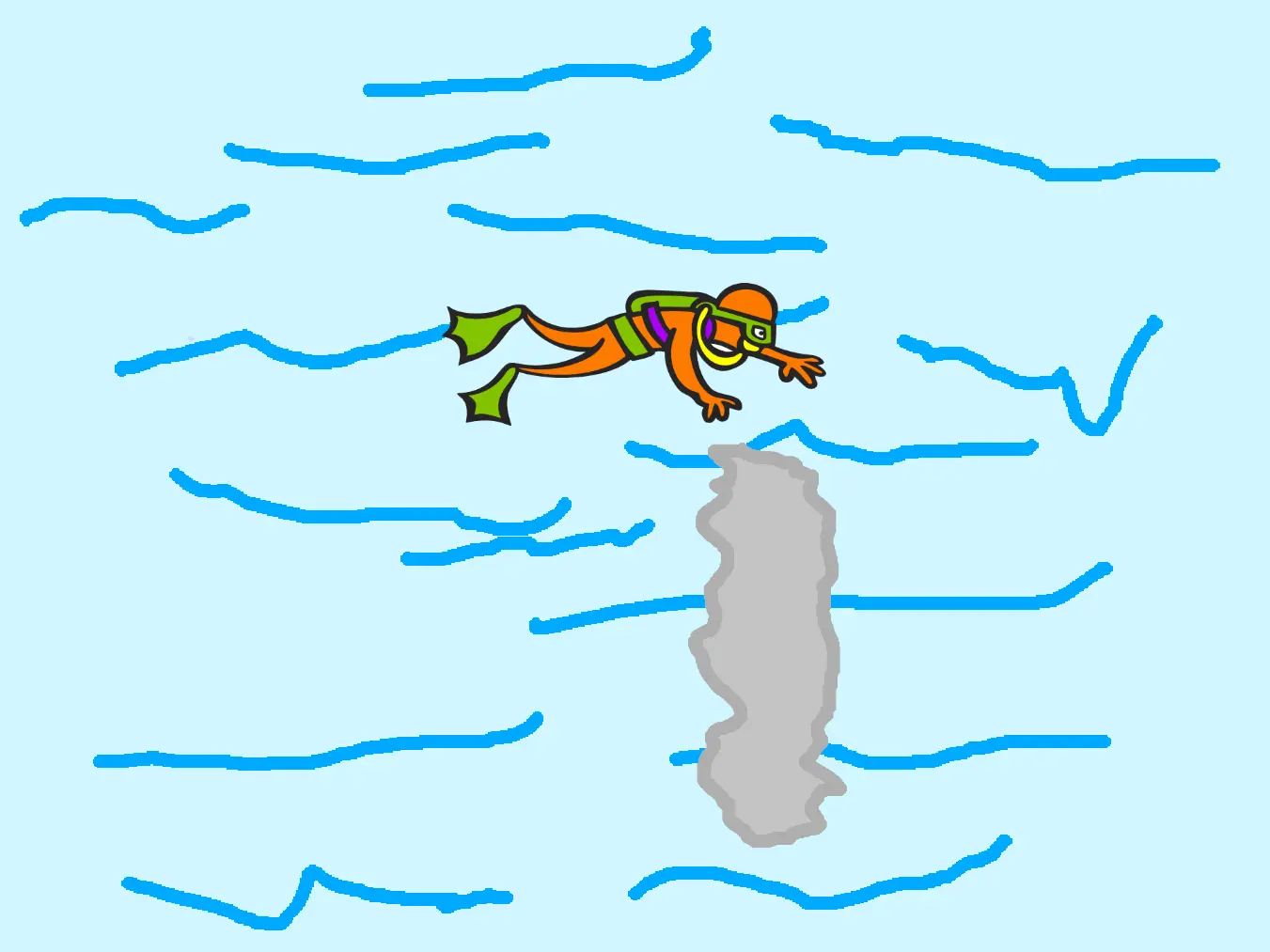 a hand drawn water background and hand drawn rock, with a diver character swimming around it