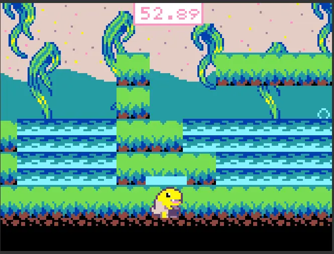 a pixel art platformer game with grass and water tiles and a pixel art dinosaur